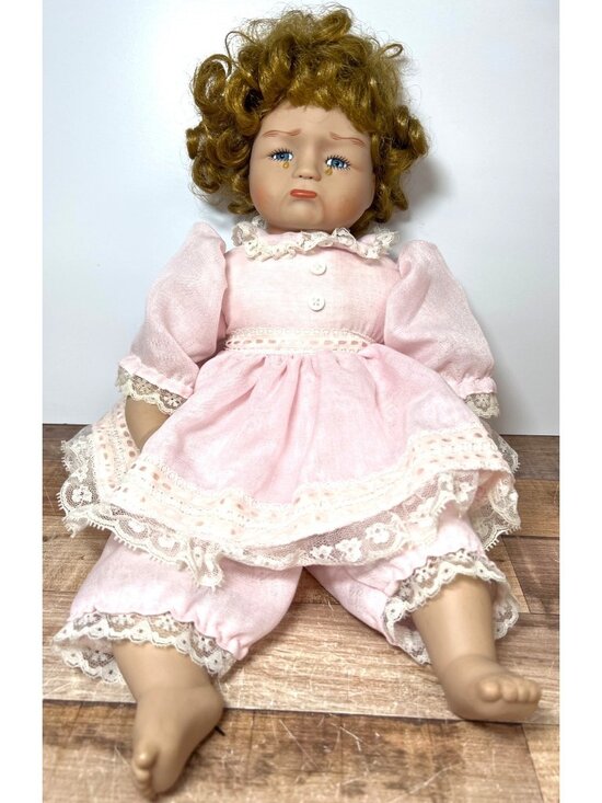 None Other - Vintage Porcelain Crying Doll In Pink Lace Dress & Bloomers Curly Blonde Hair